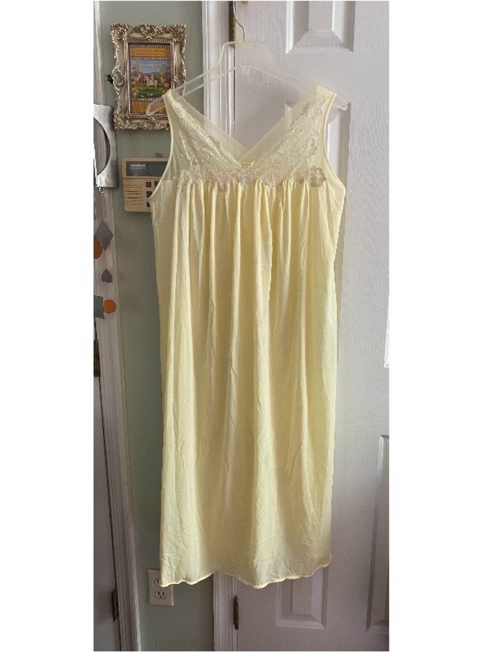 VTG Yellow Nylon Nightgown Lace Bodice Sheer Yoke Sleeveless Lingerie L/XL